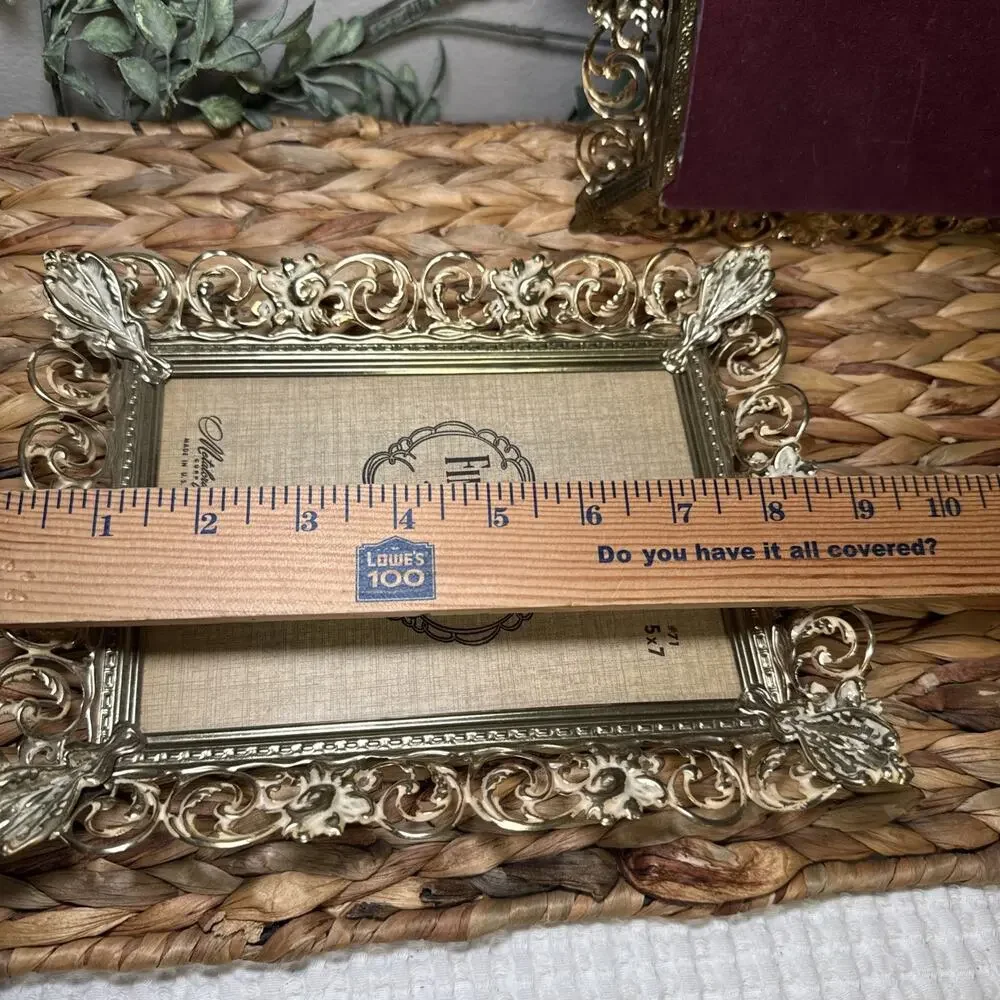 Vintage Pair Ornate Gold Cream Metal Filigree 5x7 Picture Frames Wall Hanging